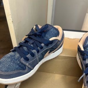 blue ( denim) brown and white jordan’s. low top, used sneakers